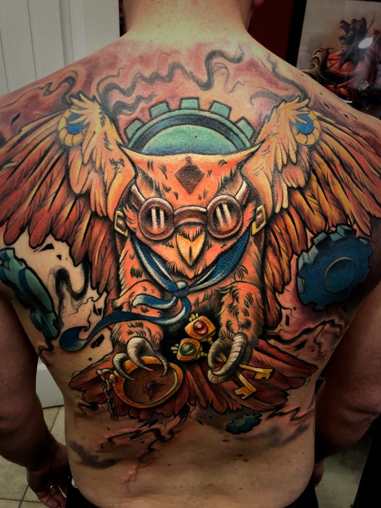 Steampunk Owl by Spiro at Artistic Impressions Tattoo Studio located in Katy,Texas