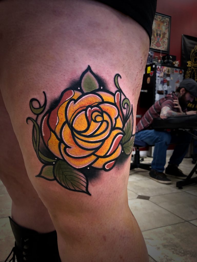 Neotraditional Yellow Rose by Spiro at Artistic Impressions Tattoo Studio located in Katy, Texas