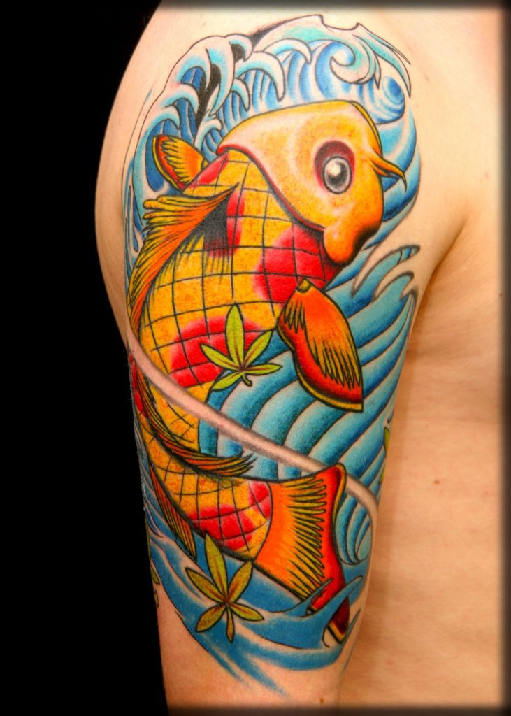 New School Koi by Spiro at Artistic Impressions Tattoo Studio located in Katy, Texas