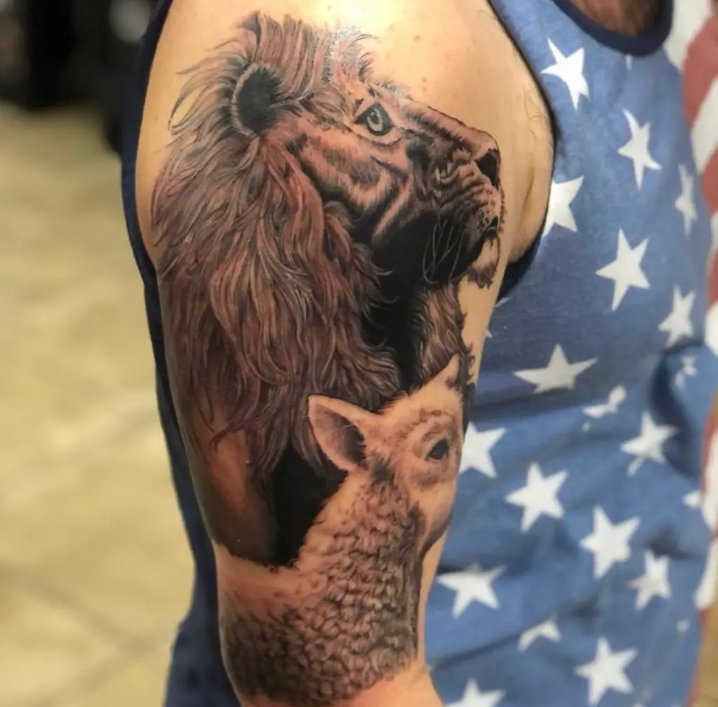 a tattoo of a Lion and lamb by Christina at Artistic Impressions Tattoo Studio in Cypress, Texas