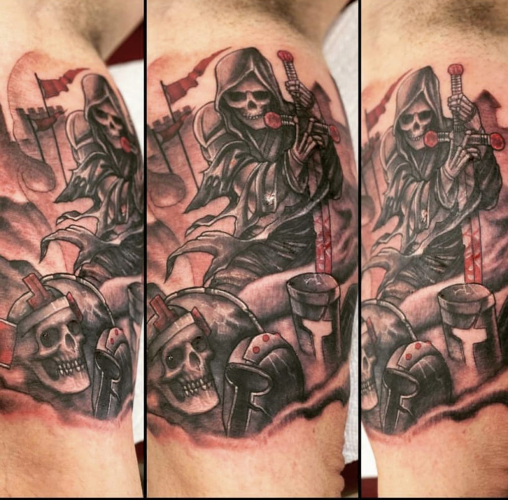 a tattoo of a death knight by Mark Anthony at Artistic Impressions Tattoo Studio in Katy, Texas