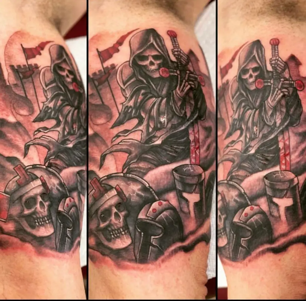 a tattoo of a death knight by Mark Anthony at Artistic Impressions Tattoo Studio in Katy, Texas