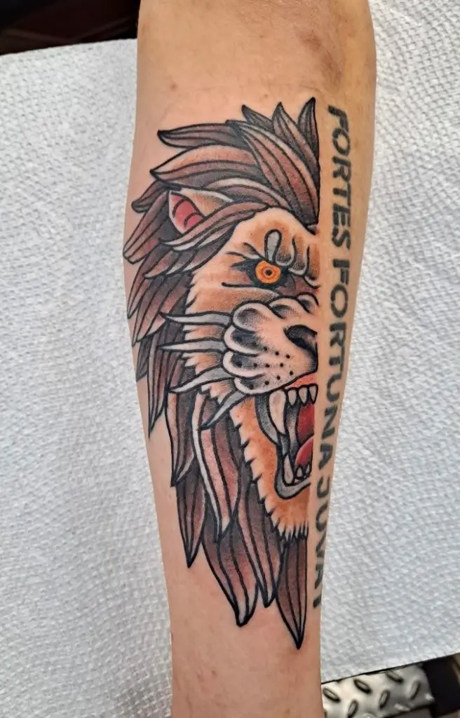 a traditional lion tattoo by Mike at Artistic Impressions Tattoo Studio in Katy, Texas