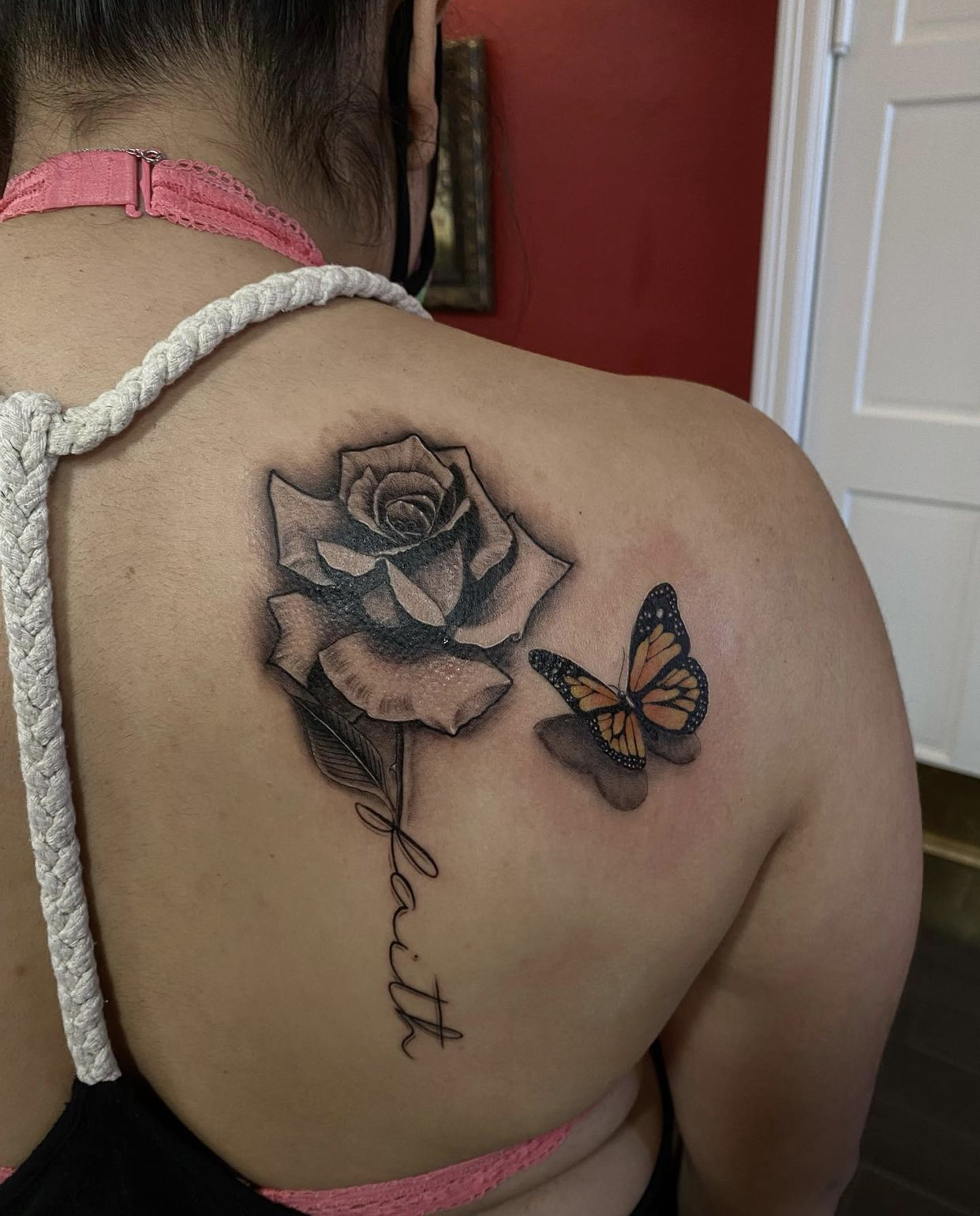 3D Rose And Butterfly Tattoo on Shoulder With Name