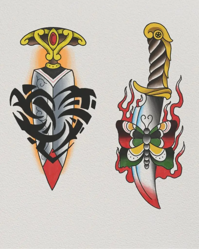 Dagger tattoo designs by Mike Valadez at Artistic Impressions Tattoo Studio in Katy, Texas