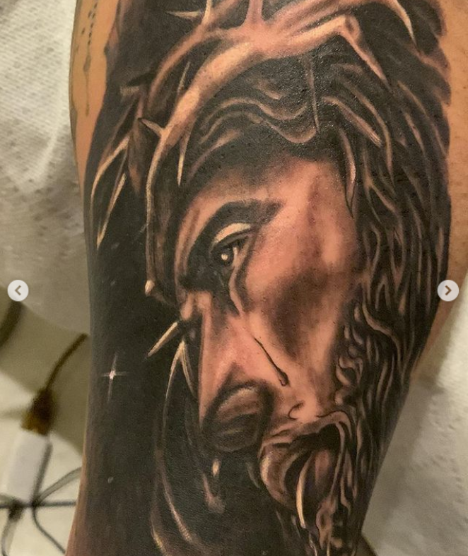 Black Ink Jesus Head Tattoo On Man Side Neck