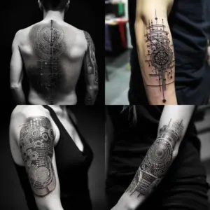 artificial intelligence tattoos of black dotwork on various parts of the body