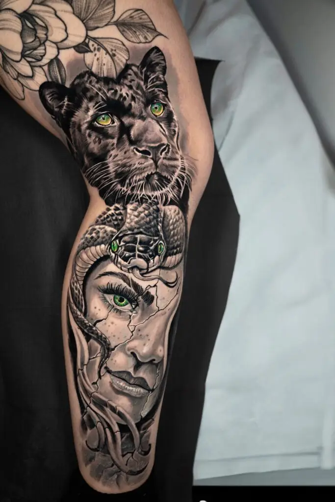 Gabriel tattooed this awesome black leg sleeve at Artistic Impressions Tattoo Studio in Katy, Texas