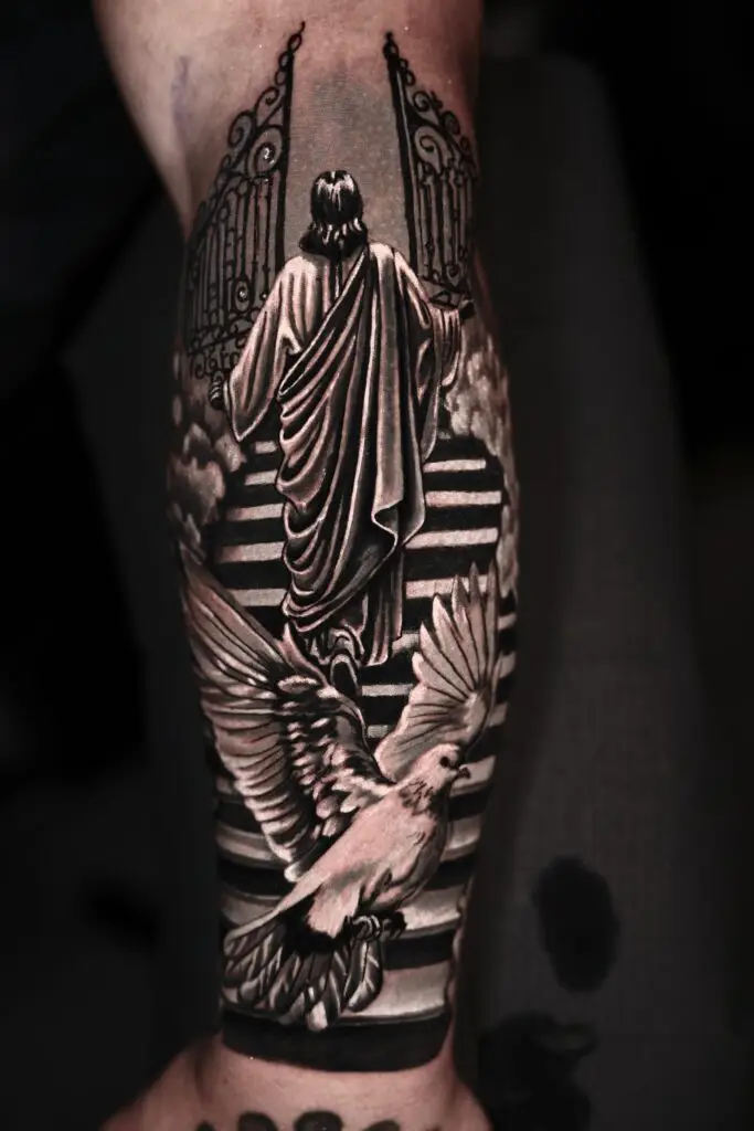 Gabriel tattooed this awesome gates of heaven tattoo at Artistic Impressions Tattoo Studio in Katy, Texas