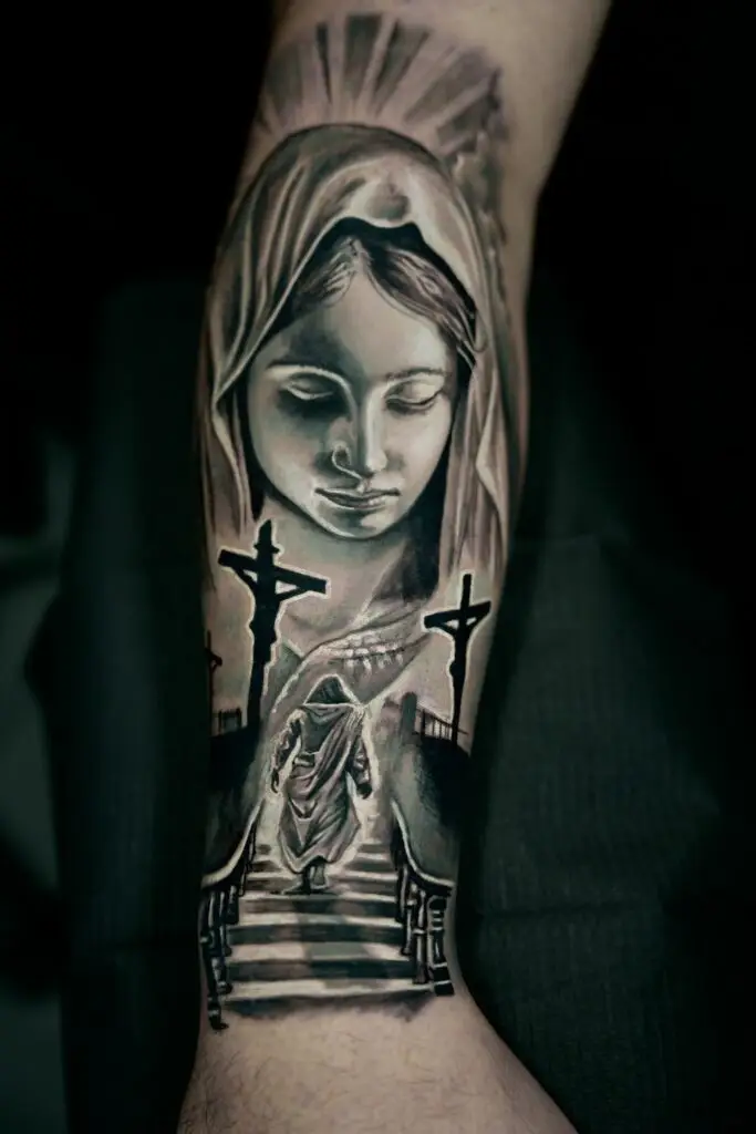 Gabriel tattooed this religious tattoo at Artistic Impressions Tattoo Studio in Katy, Texas