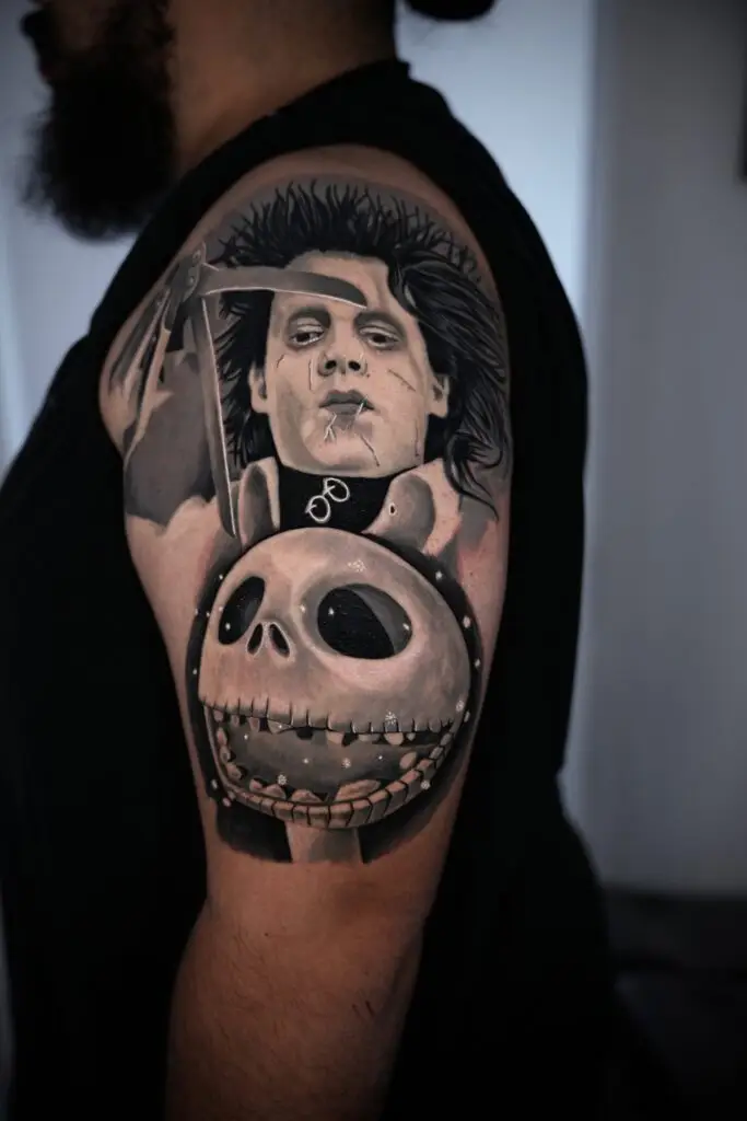 Gabriel tattooed this awesome Tim Burton sleeve at Artistic Impressions Tattoo Studio in Katy, Texas